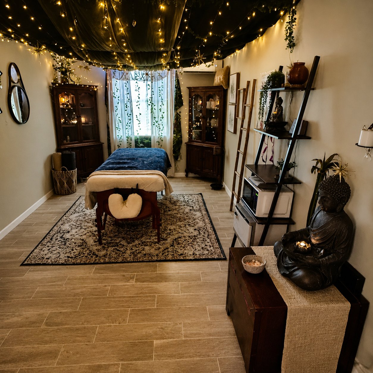 The Meraki Moon studio: massage table beneath a canopy of string lights and greenery, with a Buddha and warm lamplight